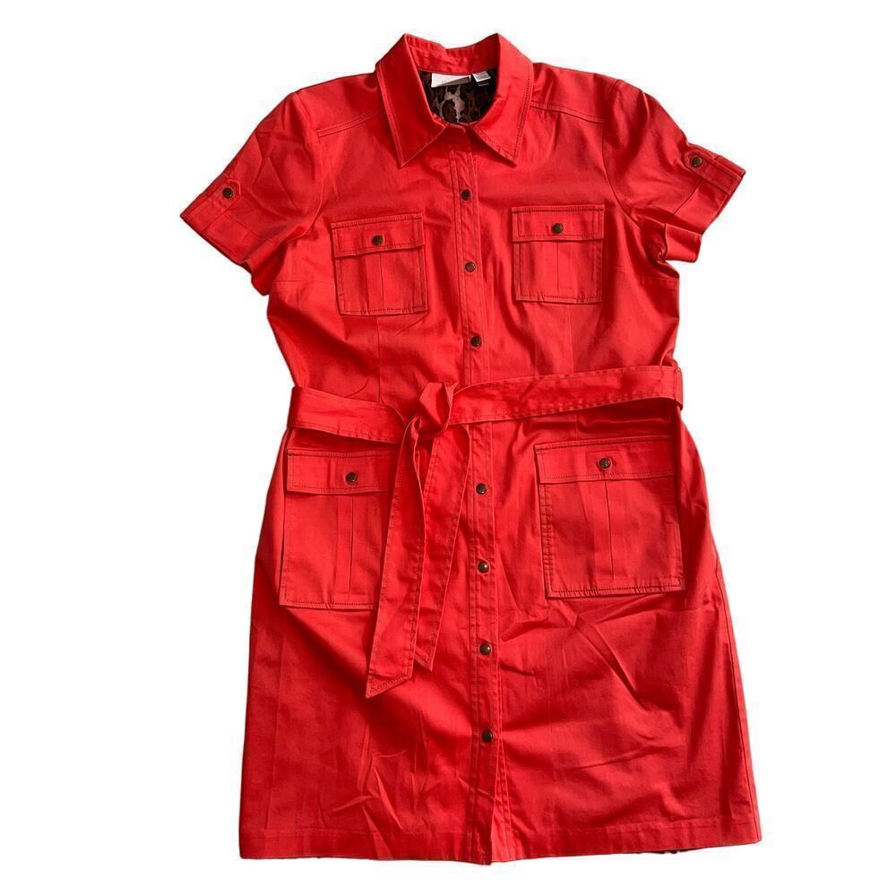 Chico’s Vibrant Coral Lined Snap Front Belted Shirt Dress Size 2.5 (L/14)